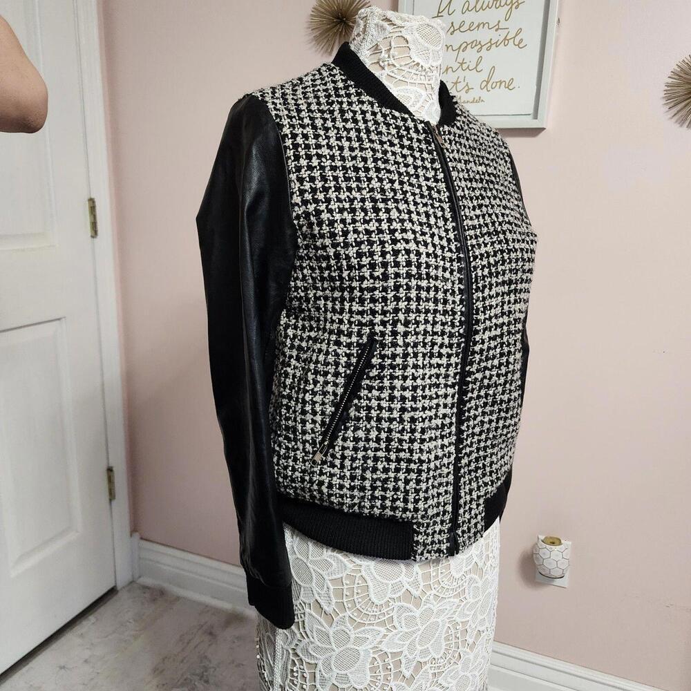 Flawless Lumiere Black white wool leather slev unique jacket blazer zip S